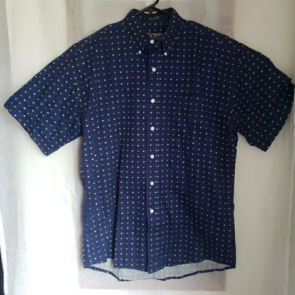 Chaps Ralph Lauen Mens Shirt Size Med Short Sleeve Button Up Blue 100% Cotton